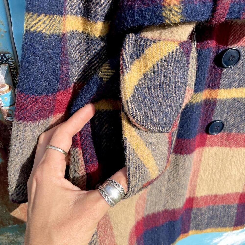 60s navy red & camel buffalo plaid mohair wool belted swing coat - Picture 4 of 6